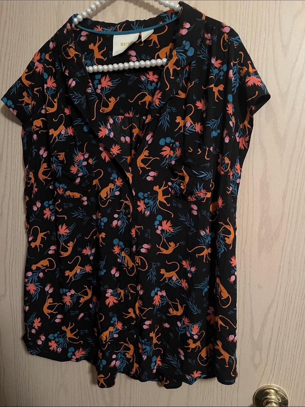 Maeve Black Cap-Sleeve Blouse with Orange Monkeys and Pink & Blue Florals